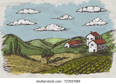 Hand Drawn Village Houses Sketch And Nature. Vector Illustration