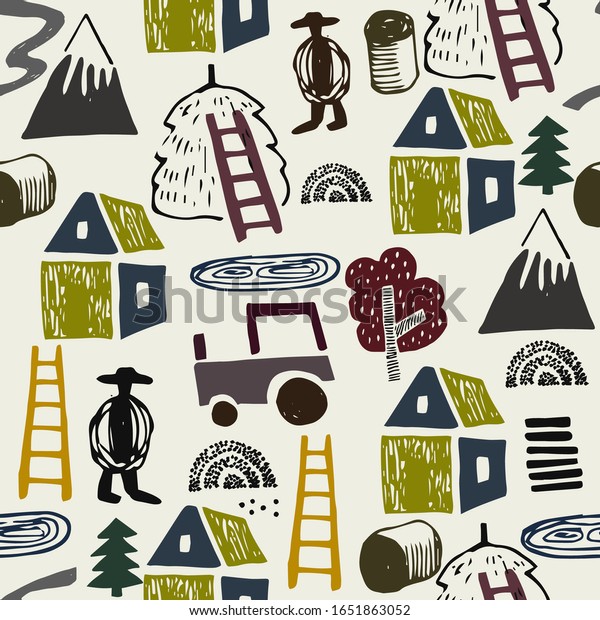 家 道 野原を描いた手描きの村のイラスト 農業の風景 北欧風 のベクター画像素材 ロイヤリティフリー Shutterstock
