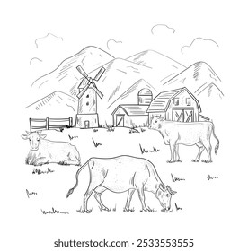  Hand drawn village sketch with agriculture and domestic animals, pasture and house. Dairy products, harvest and countryside concept. Linear flat vector illustration