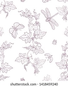 Hand drawn vine and insects seamless pattern. Vintage engraving style