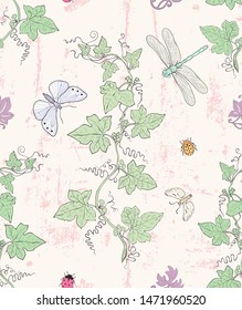 Hand drawn vine and insects seamless pattern. Colorful vintage illustration style