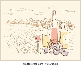Hand drawn vineyard with bottles of wine.