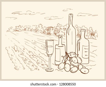 Handgezeichneter Weinberg mit Weinflaschen.