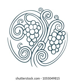 Hand drawn vineyard, grape vine and grape illustration. 
Bunch of grapes vector design element.
Grape and vine logo and background.