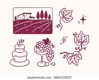 Hand drawn vineyard landscape, grapes, leaves and wedding cake doodle elements.