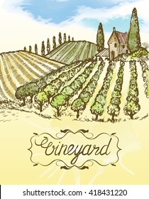 Hand drawn vineyard landscape. Vintage vector watercolor illustration.  Lettering in frame.