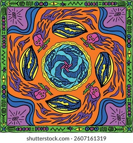 Hand Drawn Vintage 90s Surf Bandana Skull Wave Design