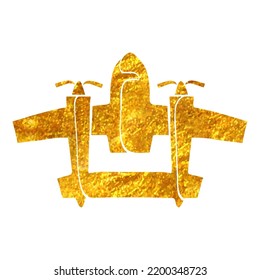 Hand Drawn Vintage Airplane Icon In Gold Foil Texture Vector Illustration