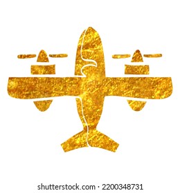 Hand Drawn Vintage Airplane Icon In Gold Foil Texture Vector Illustration