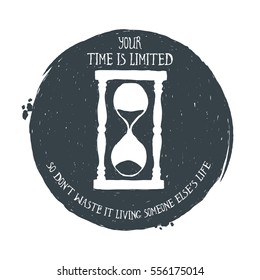 Hand drawn vintage alarm clock. Sketch style. Vector illustration. T-shirt print. Poster. Logo. Hipster. Lettering.