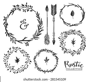 Hand drawn vintage ampersand, arrows and wreaths. Rustic decorative vector design set.