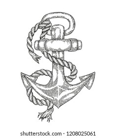 Hand drawn vintage anchor. Black and white graphic design. Vector engraved illustration.