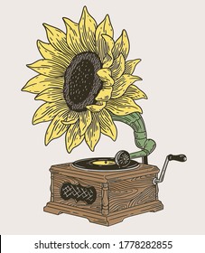 Hand drawn Vintage Antique Phonograph Record Player with Sunflower. 