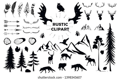 Hand Drawn Vintage Antlers, Feathers, Arrows. Decorative Vector Design Set. Rustic Animal, Bundle, Elk, Deer, Fox, Bird. Hipster Logo Design Element. Vector Tree Rings.