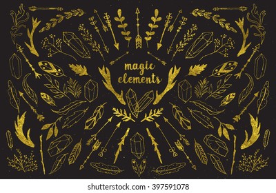 Hand drawn vintage antlers, feathers, arrows with lettering. Rustic decorative vector design set with trendy gold texture. Boho summer tatoo