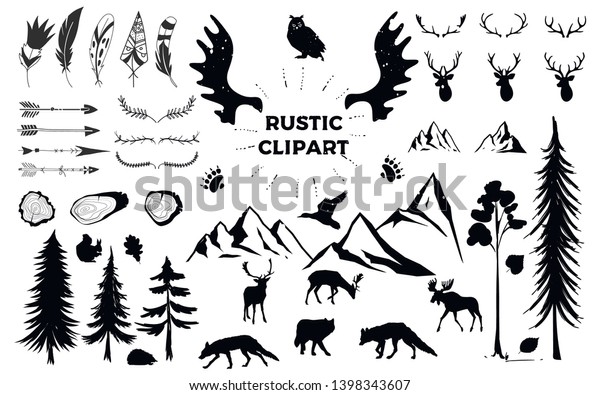 Hand drawn vintage\
antlers, feathers, arrows. decorative vector design set. Rustic\
animal, bundle, elk, deer, fox, bird. Hipster logo design element.\
vector tree rings.