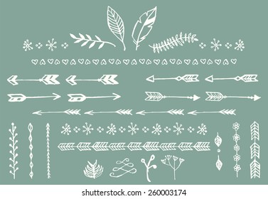 Hand drawn vintage arrows, feathers, dividers and floral elements, vector illustration