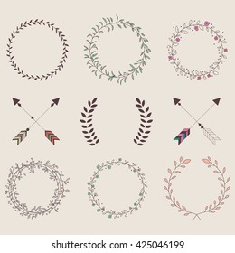 Hand drawn vintage arrows, feathers, dividers and floral elements, vector illustration