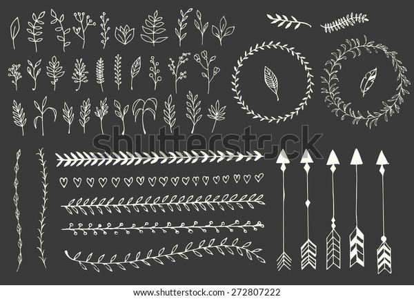 Hand drawn vintage arrows, feathers,\
dividers and floral elements, vector\
illustration