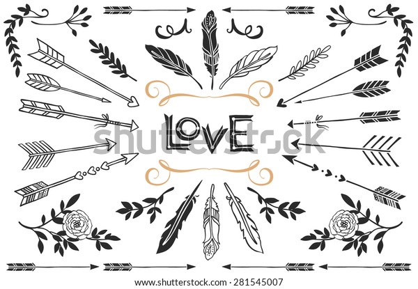 Hand drawn vintage\
arrows, feathers, and flowers with lettering. Romantic vector\
design wedding set.
