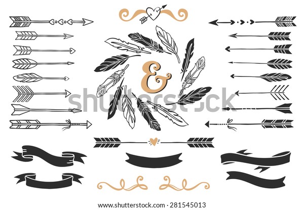 Hand drawn vintage\
arrows, feathers, and ribbons with lettering. Romantic vector\
design wedding set.