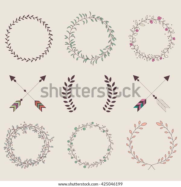 Hand drawn vintage arrows, feathers,\
dividers and floral elements, vector\
illustration