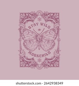HAND DRAWN VINTAGE ART NOUVEAU BORDER ORNATE BUTTERFLY MOTH ANIMAL INSECT FLOWER FLORAL WITCH MAGIC TSHIRT TEE PRINT FOR APPAREL MERCHANDISE