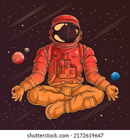 Hand drawn vintage astronaut in spacesuit doing yoga gesture, astronaut meditation yoga in the space