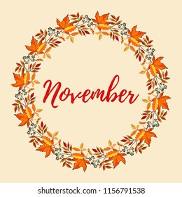 Hand drawn vintage autumn wreath with elder branches and maple leaves, november. Vector illustration