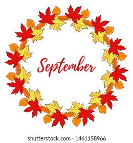 Hand drawn vintage autumn wreath with color branches and leaves, september. Vector illustration