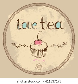 Hand drawn vintage background with cake and decorative lettering
