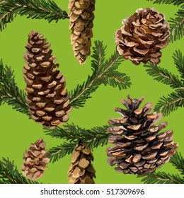 Hand drawn vintage background with pinecones, branches. Seamless Christmas pattern.