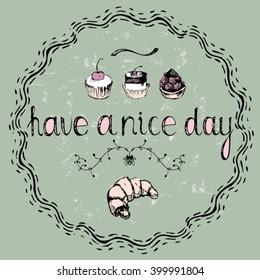 Hand drawn vintage background with sweets. Vector illustration