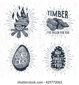 Hand drawn vintage badges set with textured bonfire, timber, tree trunk, and pine cone vector illustrations and inspirational lettering.