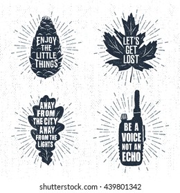 Hand drawn vintage badges set with textured pine cone, maple leaf, oak tree leaf, and portable radio receiver vector illustrations and inspirational lettering.