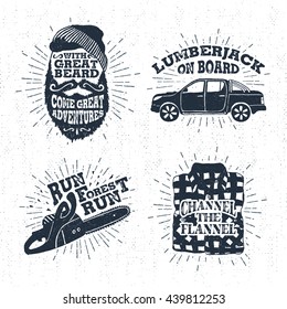 Hand drawn vintage badges set with textured bearded face, pickup truck, chainsaw, and plaid shirt vector illustrations and inspirational lettering.