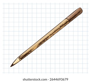 Hand drawn vintage ballpoint pen in brown color on grid notebook background. Perfect for school projects, educational materials, stationery, and retro-themed designs.