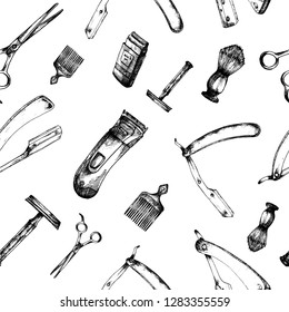 Hand drawn vintage barbershop Seamless pattern Vector Illustration. Including shaving machine, shaving razor, comb, shaving brush and scissors 