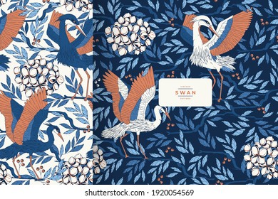 hand drawn vintage beautiful swan pattern template