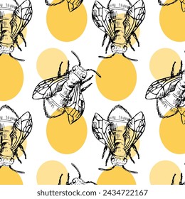 Hand drawn vintage bee and round elements pattern. Vector illustration can used for textile, wrapping, decoration. 