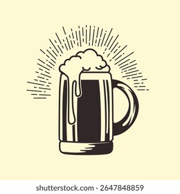 Hand drawn vintage beer mug on pale yellow background. Vector illustration