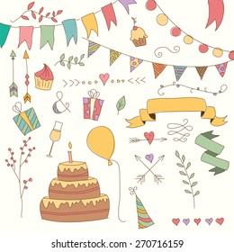 Hand drawn vintage birthday design elements, flowers and floral elements, vector illustration