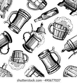 Hand drawn vintage black beer theme illustrations seamless pattern on white background. RGB EPS 10 vector elements set