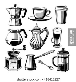 Hand drawn vintage black coffee theme illustrations isolated on white background. RGB EPS 10 vector elements set