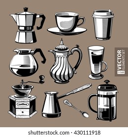 Hand drawn vintage black and white coffee theme illustrations isolated on beige background. RGB EPS 10 vector elements set