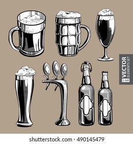 Hand drawn vintage black and white modern beer theme illustrations isolated on beige background. RGB EPS 10 vector elements set