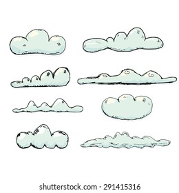  Hand drawn vintage blue clouds. doodle vintage sky clouds set