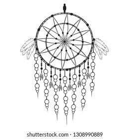 Hand drawn vintage bohemian  dream catcher in boho style. Magic tribal indian  tattoo. Traditional aztec print.