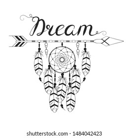 Hand drawn vintage boho style dream catcher. Magic tribal indian tattoo. Traditional aztec print. Scandinavian bohemian background.