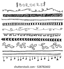 Hand Drawn Vintage Borders and Frames for your Design. Floral Decorative Elements. Label for Notebook. Line Border Set, Design Element, Beautiful Ornaments